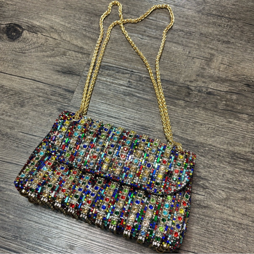 Elegant Multicolor Rhinestone Clutch with Gold Chain